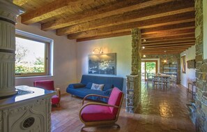 TV, fireplace, books, stereo