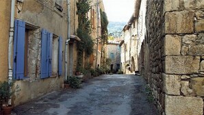 A narrow alleyway between buildings with stone walls and blue shutters. - Lovely house, garden with pool in tranquil village near coast and countryside (Raissac-D'aude)