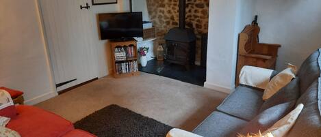 Smart TV, fireplace, DVD player, books