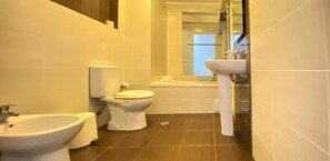 Combined shower/bathtub, hair dryer, bidet, towels