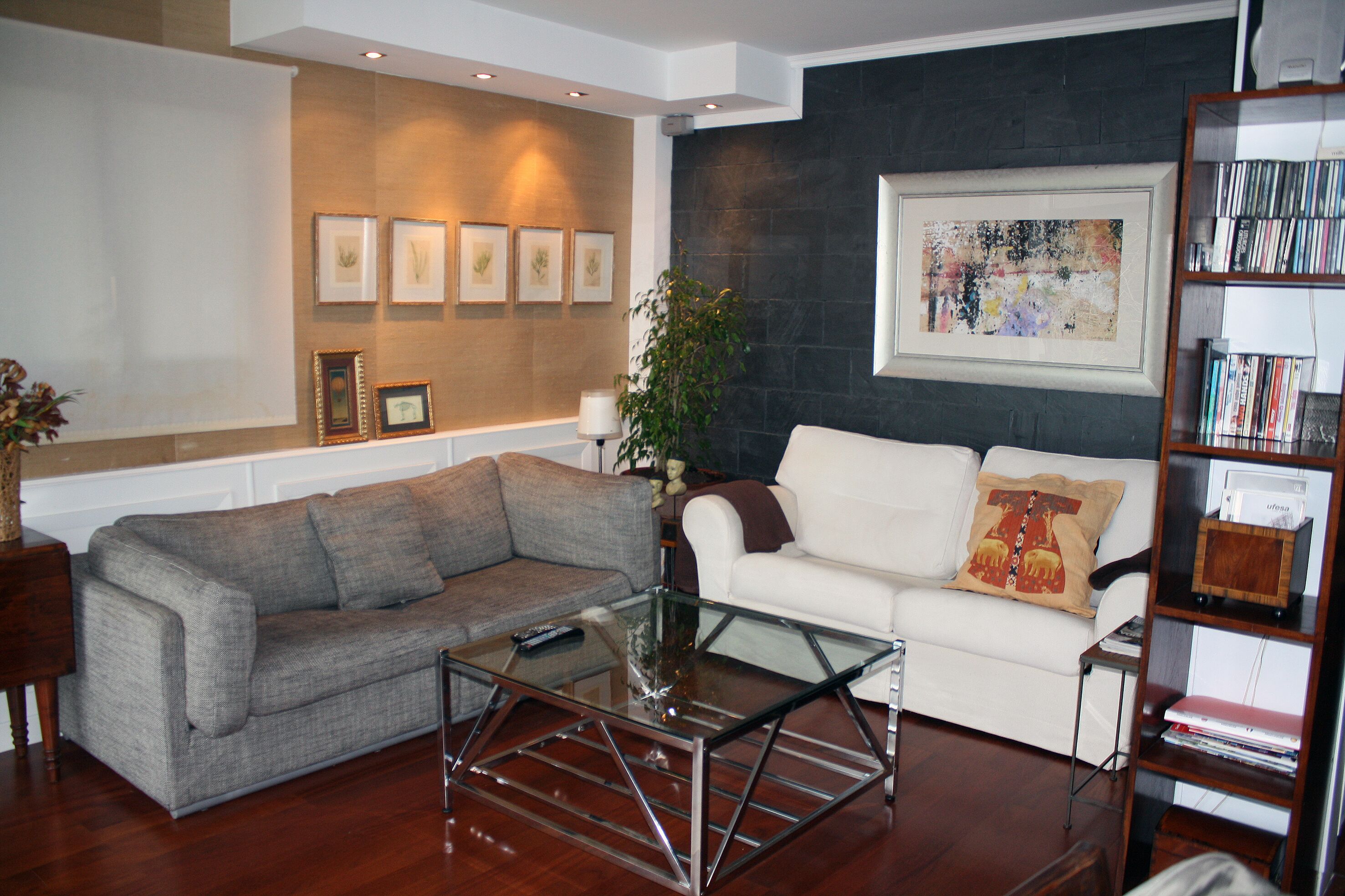 Una Smart TV, una chimenea, un reproductor de DVD, libros