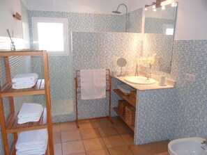Douche, bidet, serviettes fournies, papier toilette