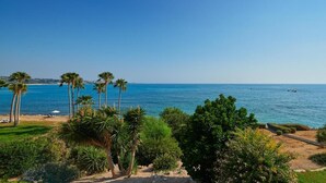 Un paisaje costero con palmeras, una playa arenosa y el océano.
