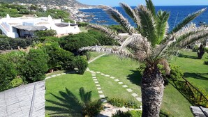 A lush garden with a palm tree, a stone pathway, and a view of the sea and a white building with a red roof.