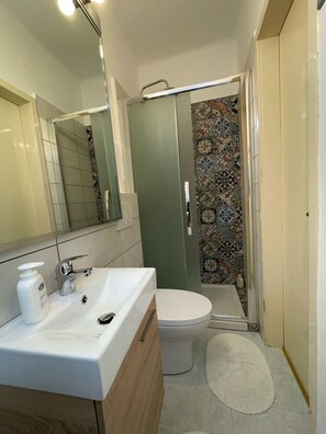 A modern bathroom with a white sink, a mirror, a shower with a glass door, and a toilet. - Penthouse in the center with sea view (Trieste)