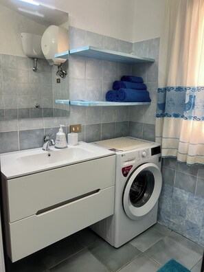 Shower, hair dryer, bidet, towels