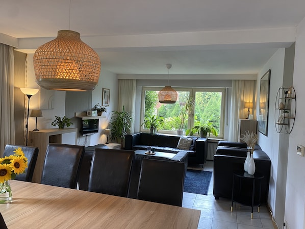 Téléviseur, lecteur de DVD, table de baby-foot, livres