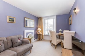 Télévision à écran plat, cheminée, lecteur de DVD, livres