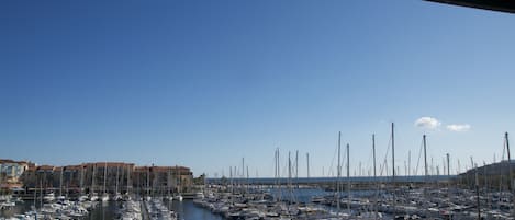 A marina with numerous boats docked, a clear sky, and buildings in the background.