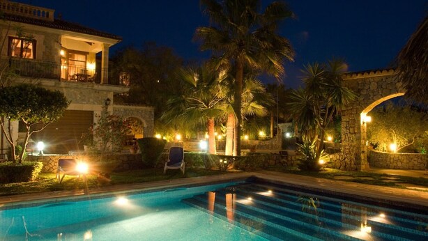 A swimming pool with steps, surrounded by palm trees and a stone building at night.