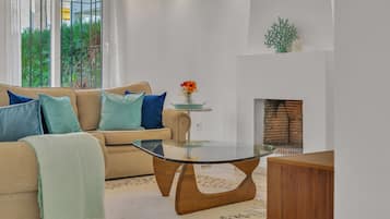 Una Smart TV, una chimenea, un reproductor de DVD