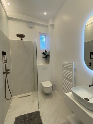 Combined shower/tub, hair dryer, towels, soap