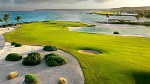 A golf course with a water hazard, palm trees, and a view of the ocean. - INCREDIBLE WATER FRONT APARTMENT WITH AMAZING VIEW (CAP CANA)