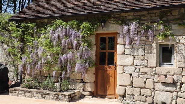 Ein Steinhaus mit Holztür und Fenster, umgeben von einem Garten mit violetten Blumen.