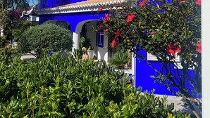 A blue building with a white tower, surrounded by greenery and red flowers.