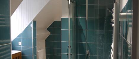 A bathroom with a glass-enclosed shower, a toilet, and a sink.