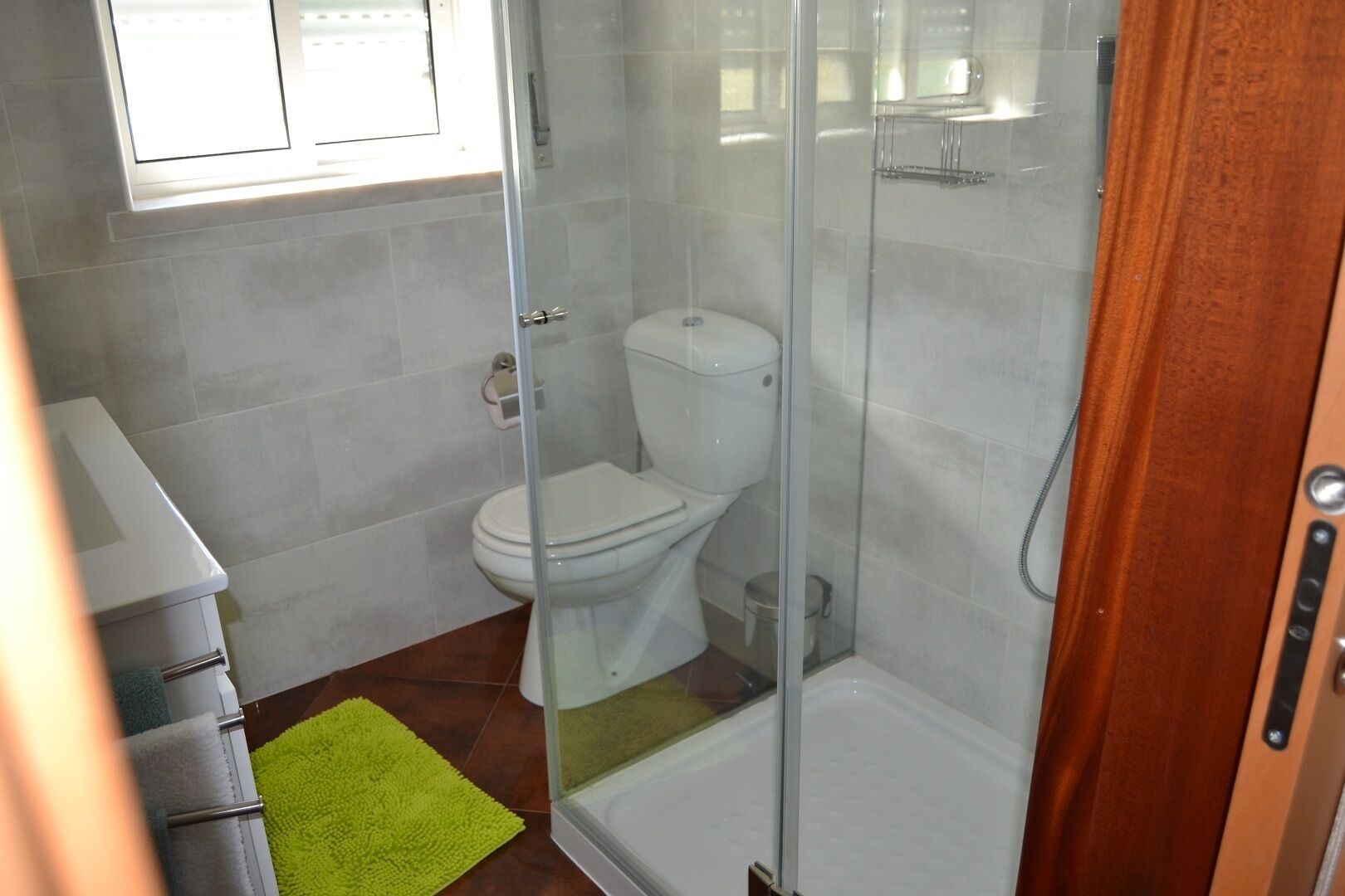 A bathroom with a toilet, a shower enclosure, and a green rug.