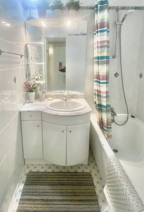 Combined shower/tub, hair dryer
