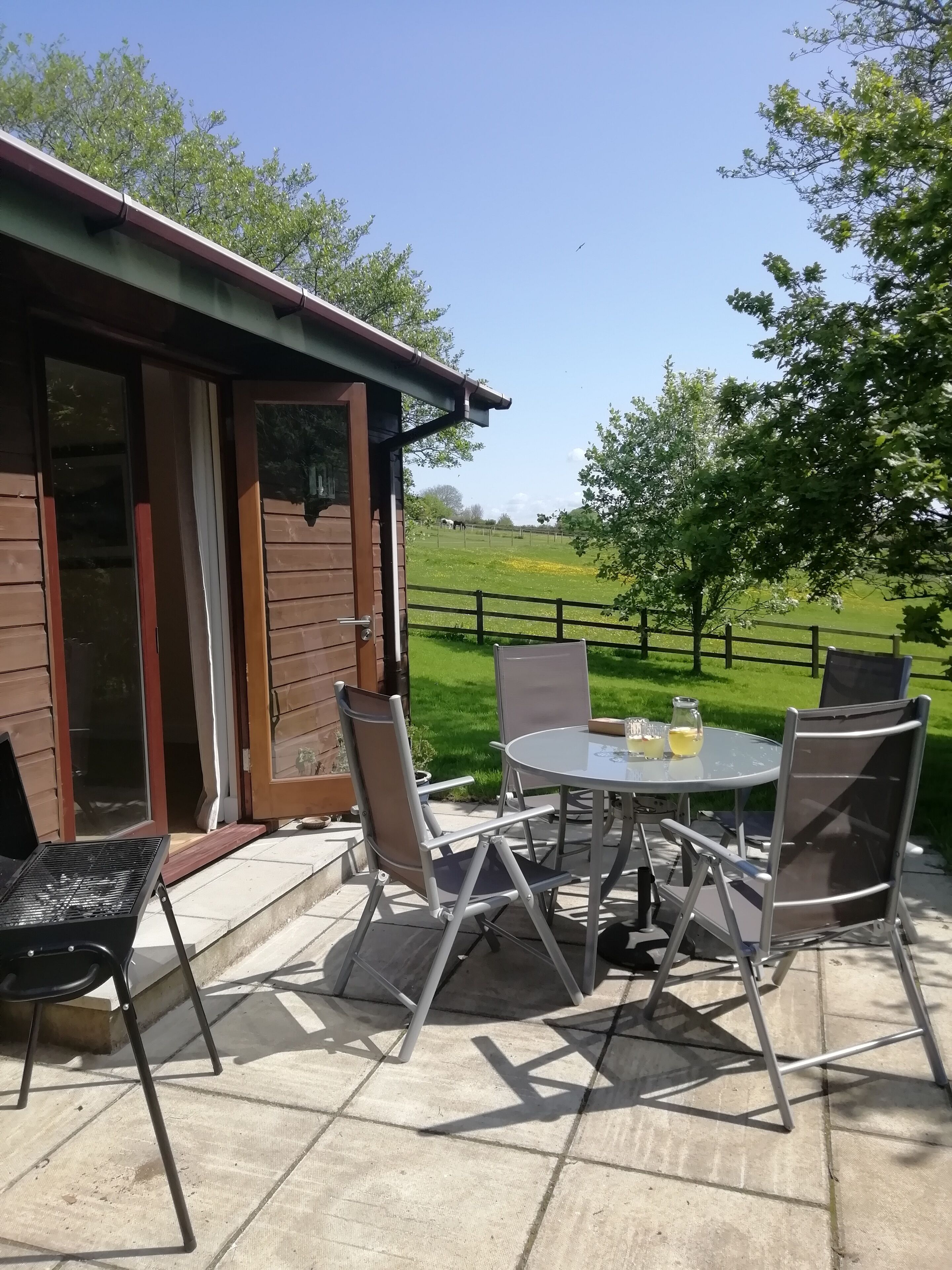 Une terrasse extérieure avec une table ronde et des chaises, un barbecue, et une vue sur un champ verdoyant et des arbres.
