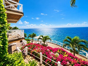 A wooden deck with a railing overlooking a clear blue sea, surrounded by vibrant pink flowers and palm trees.