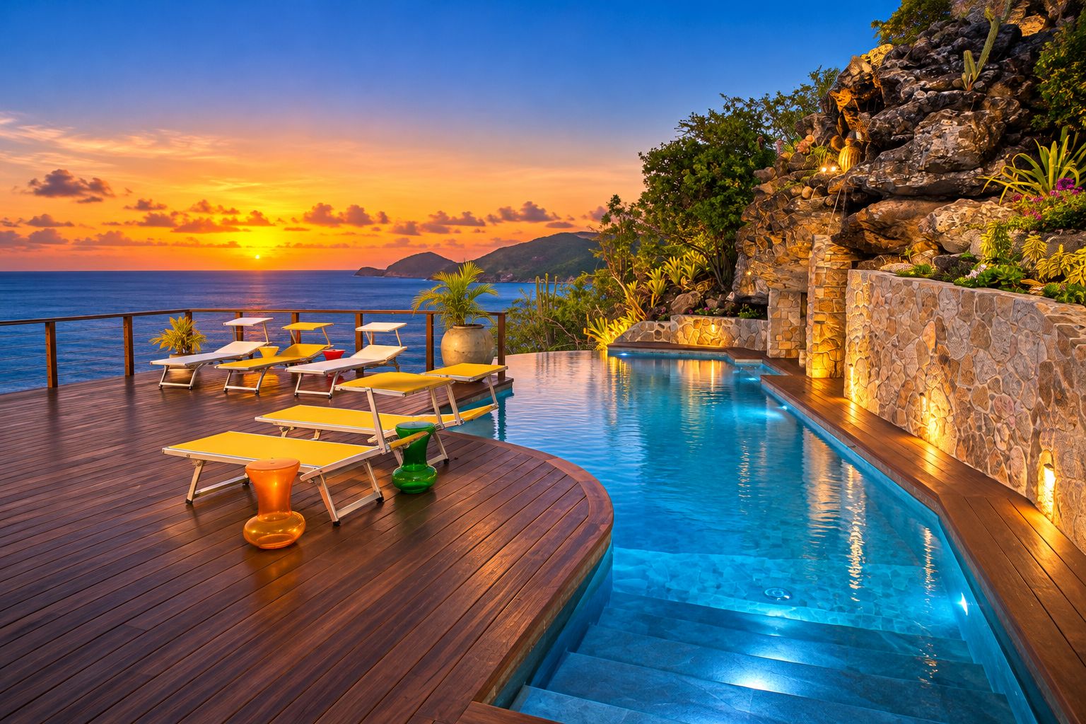 Un espace aménagé au bord de la piscine, avec des chaises longues et une vue sur l’océan au coucher du soleil.