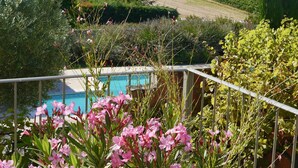 En pool omgivet af frodig vegetation og en vingård i baggrunden.