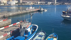 A harbor with boats docked, a pier, and a mountainous backdrop.