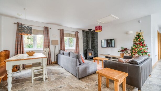 A living room with a fireplace, a dining area, and a Christmas tree. - Luxury Cottage | New Forest | Family | Friends | (Redlynch)