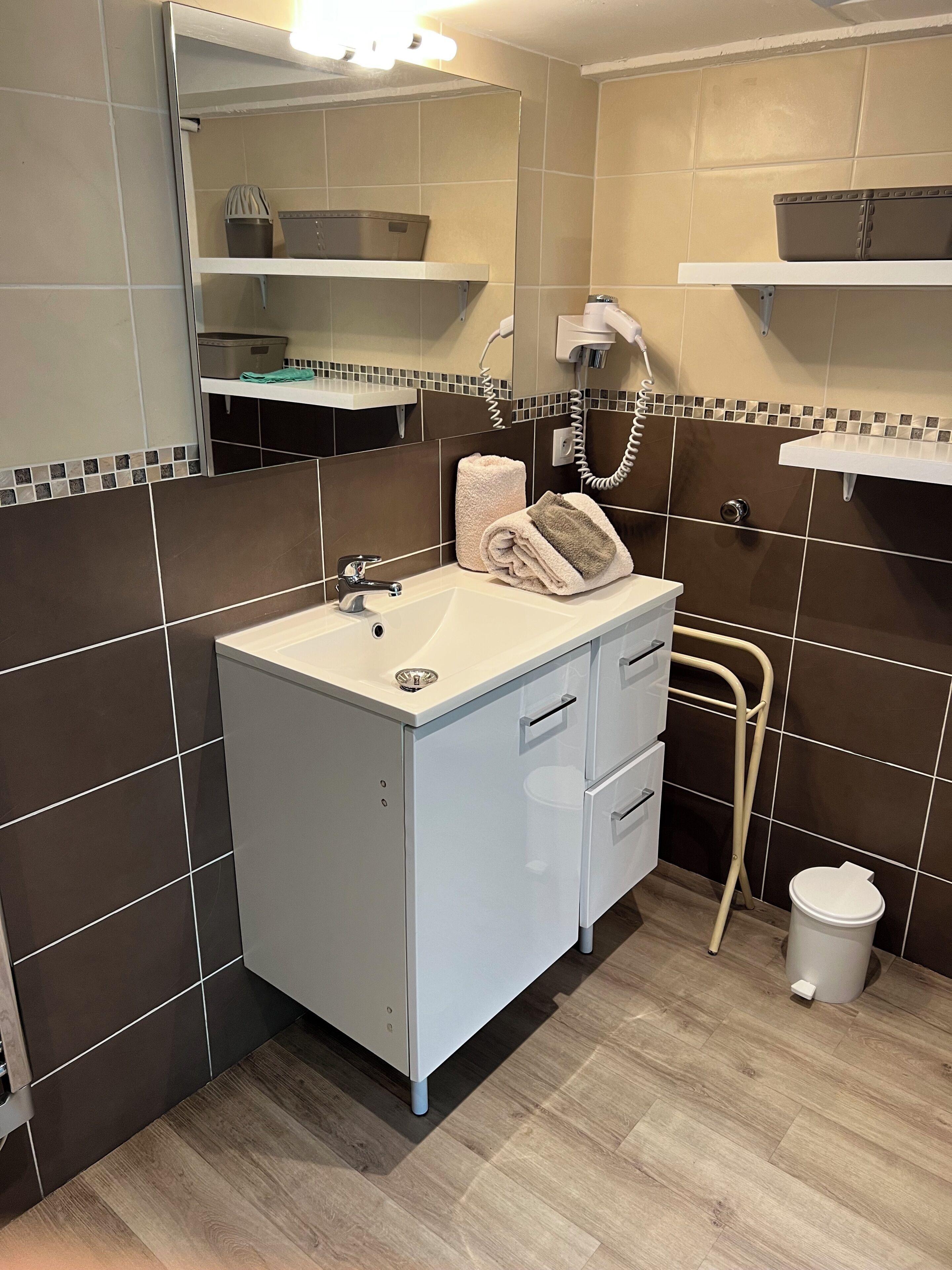 A bathroom with a sink, mirror, towel rack, and a trash bin.