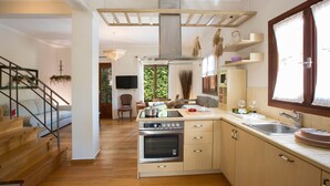 A modern kitchen with a built-in oven, a stainless steel sink, and wooden cabinets. - Aeriko-Varko Beachfront Villa with Stunning View and Private Pool (LEFKADA)