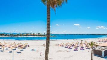 Een strand met parasols en een palmboom.