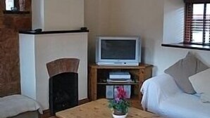 A cozy living room with a fireplace, a television on a wooden stand, a coffee table with a plant, and a sofa. - Barn Conversion, 5 miles from the coast with own parking and garden (Collaton St Mary)