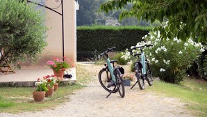 Un jardín con dos bicicletas estacionadas cerca de un edificio con una pérgola.