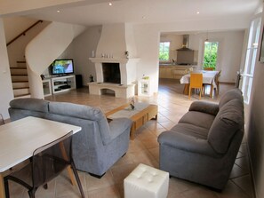 TV connectée, cheminée, lecteur de DVD, table de tennis de table