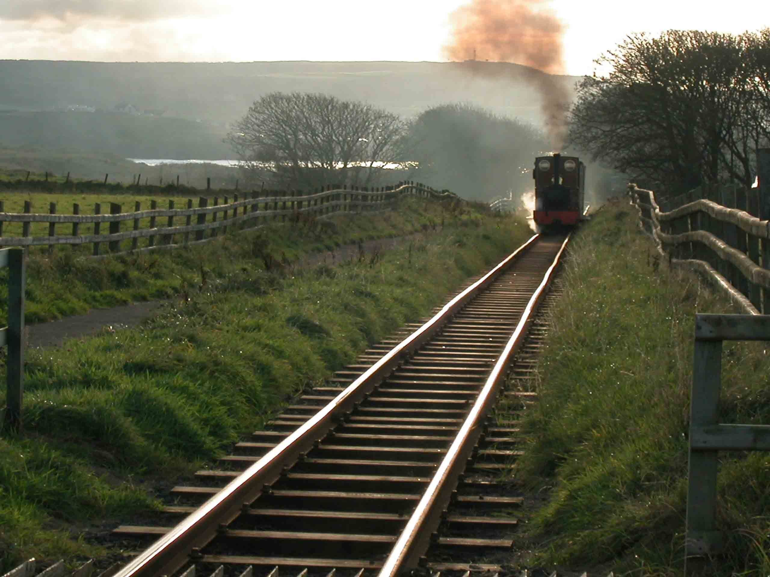 A railway track with a train emitting smoke, surrounded by grassy areas and a wooden fence.