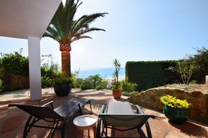 A patio with a table and chairs, a palm tree, and a view of the ocean.