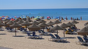 Una playa con filas de tumbonas y sombrillas de paja.