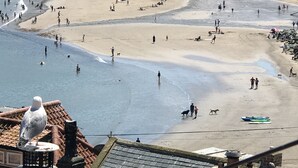 A beach with people and tents, a seagull on a rooftop, and buildings with red-tiled roofs. - Runswick Bay Top Gallant Cottage - outside seating  - sea and beach views (Runswick Bay)