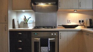 A modern kitchen with a stove, oven, and a sink.