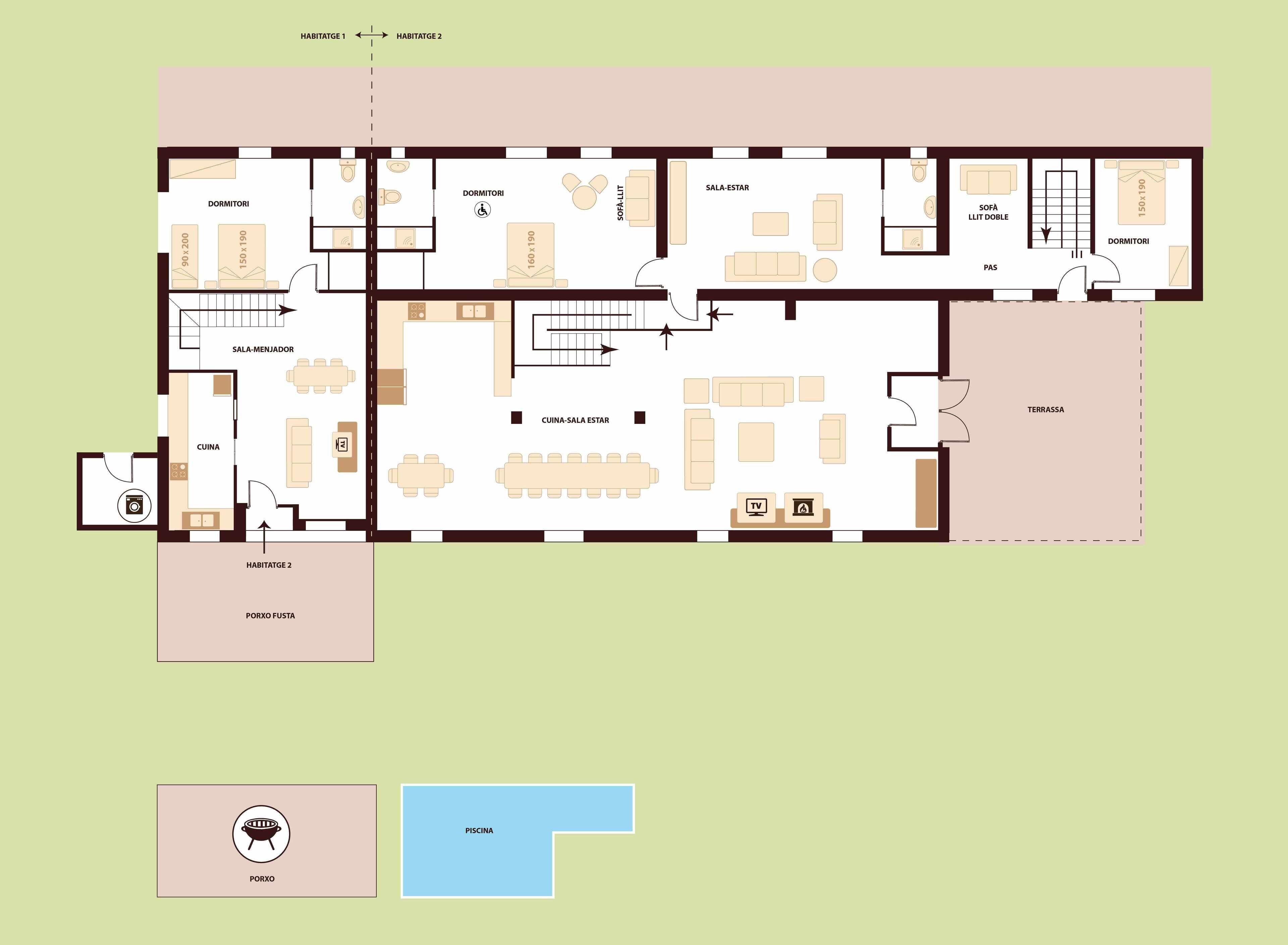 A floor plan of a hotel with two bedrooms, a living room, a dining area, a kitchen, a bathroom, a terrace, a sauna, a sauna room, a pool, and a barbecue area.