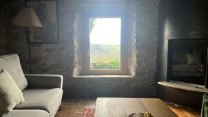A room with a stone wall, a window with a view of greenery, a sofa, a lamp, and a television. - Etxetxobarri, a single-family farmhouse with views of the Anboto mountain range. (Mallabia - bizkaia)