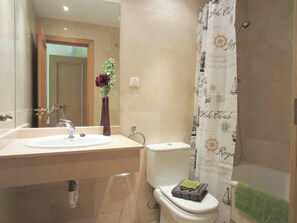 Combined shower/tub, hair dryer, bidet, towels