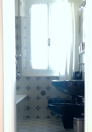 Een bad/douchecombinatie, een bidet