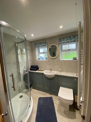 Shower, hair dryer, towels, soap