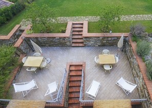 Une terrasse avec un mur en pierre, deux tables et quatre chaises.