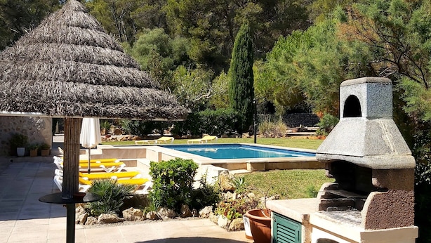 Un espace piscine agrémenté d’un barbecue en pierre et d’une structure à toit de chaume.