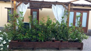 Een houten plantenbak met diverse groene planten voor een gebouw met een pannendak en witte gordijnen.