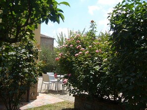 A garden with a table and chairs, surrounded by lush greenery and flowering plants. - A small cottage in authentic Tuscany. Serves 4 (Fratticciola)