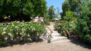 A garden with a wooden staircase leading up to a white building, surrounded by green foliage and potted plants. - Casa Niperu in the countryside a few meters from the beaches of Cala Ginepro (Cala Liberotto)