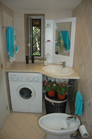 Een douche, een haardroger, een bidet, handdoeken